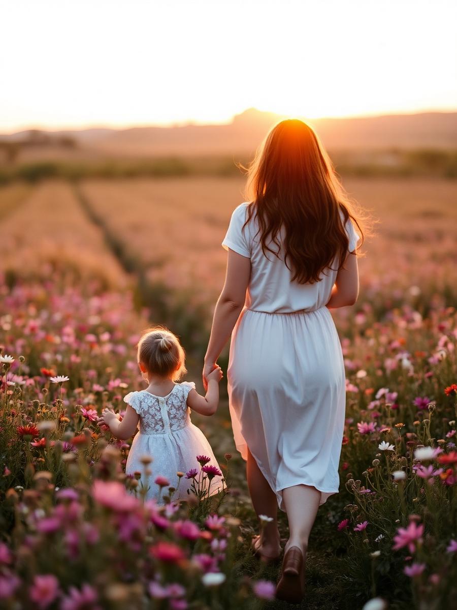 Mother and child in a wildflower field