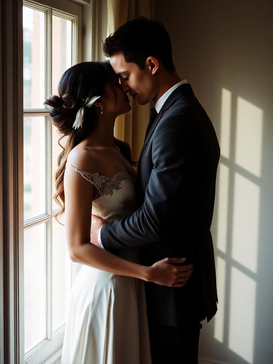 Couple embracing in window light